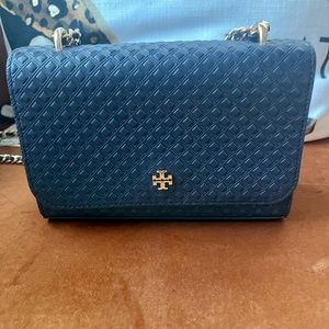 Tory Burch Marion Embossed Shrunken Shoulder Bag NAVY